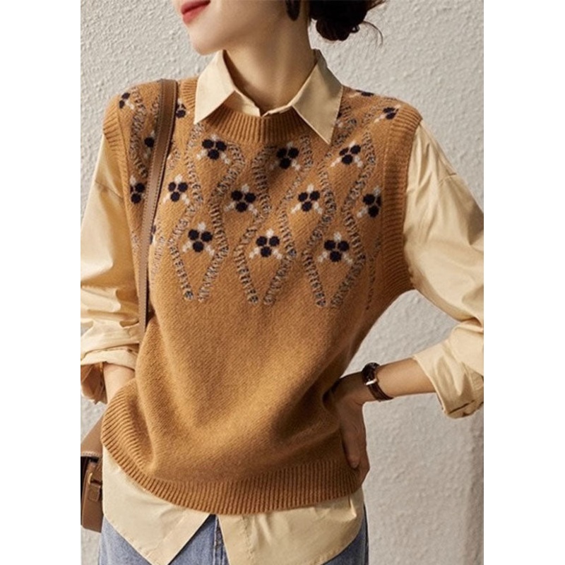 Women Camel O Neck Jacquard Woolen Vest Sleeveless