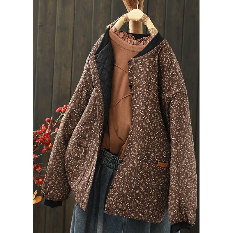 Women Coffee Pockets Print Fine Cotton Filled Coat Spring
