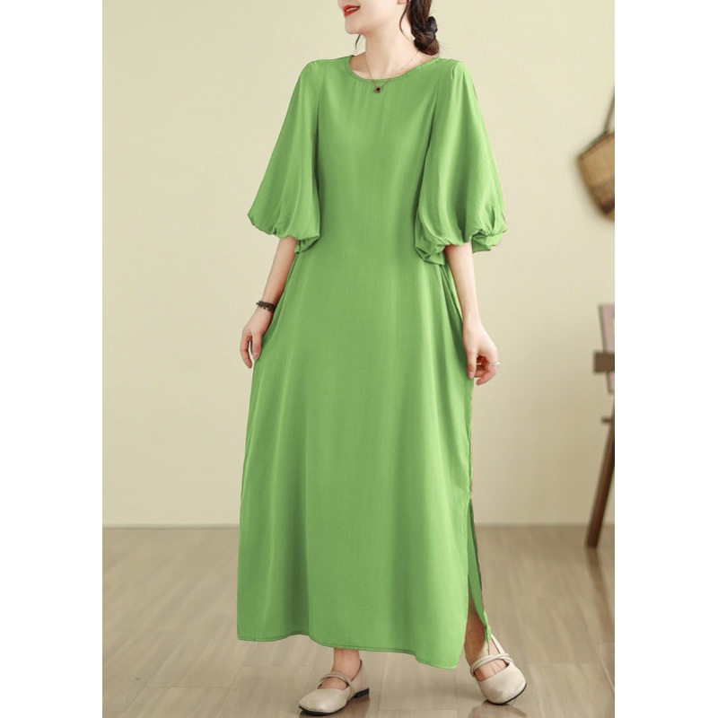 Women Fruit Green Side Open Cotton Vacation Dresses Lantern Sleeve