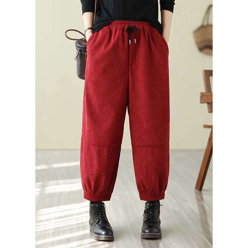 Women Red Pockets Elastic Waist Corduroy Warm Fleece Pants Spring