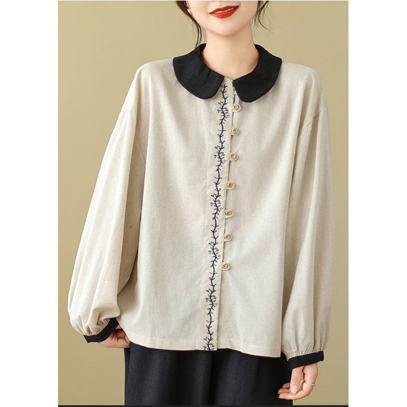 Women White Embroidered Patchwork Linen Shirts Spring