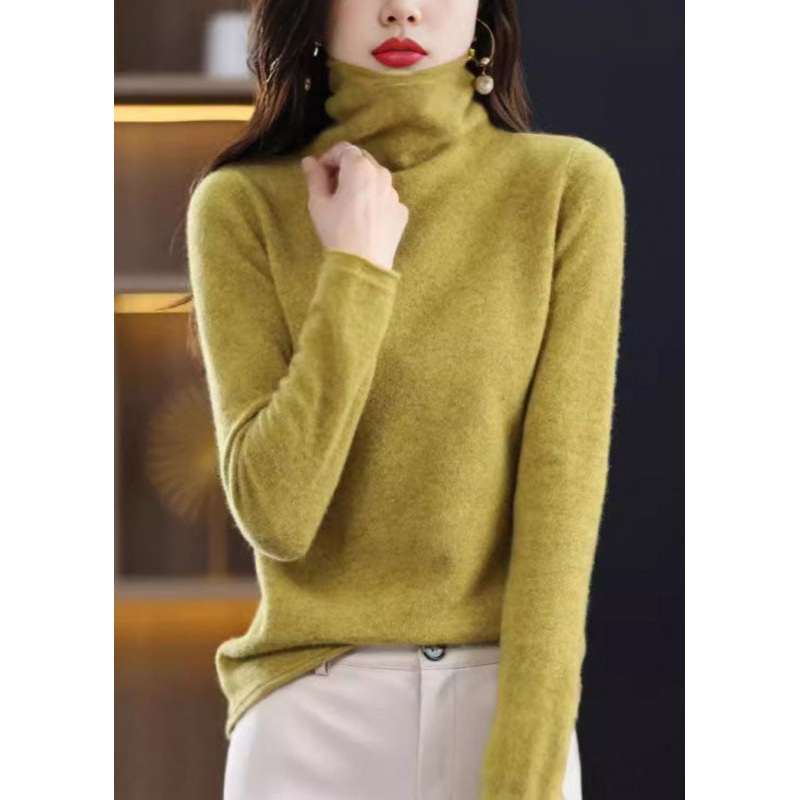 Women Yellow Turtle Neck Slim Fit Woolen Knit Pullover Spring
