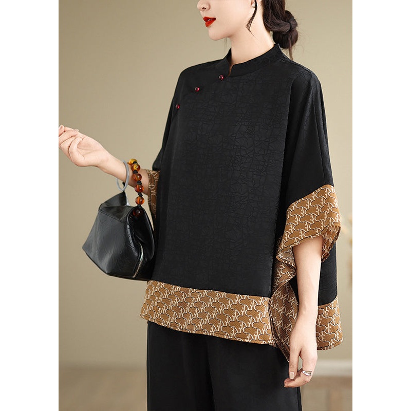 Yellow Patchwork Silk Blouse Mandarin Collar Summer