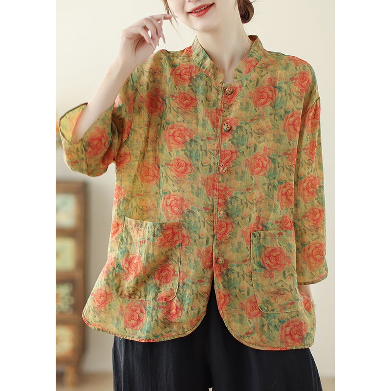 Yellow Print Linen Oriental Tops Pockets Spring