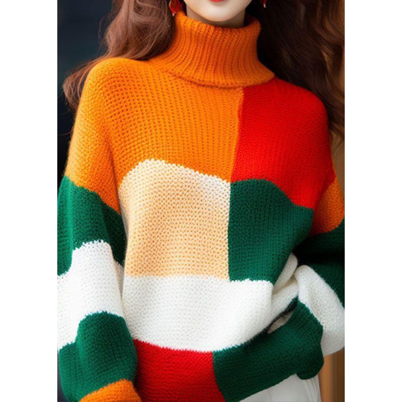 2025 New Colorblock Hign Neck Knit Sweater Tops Spring