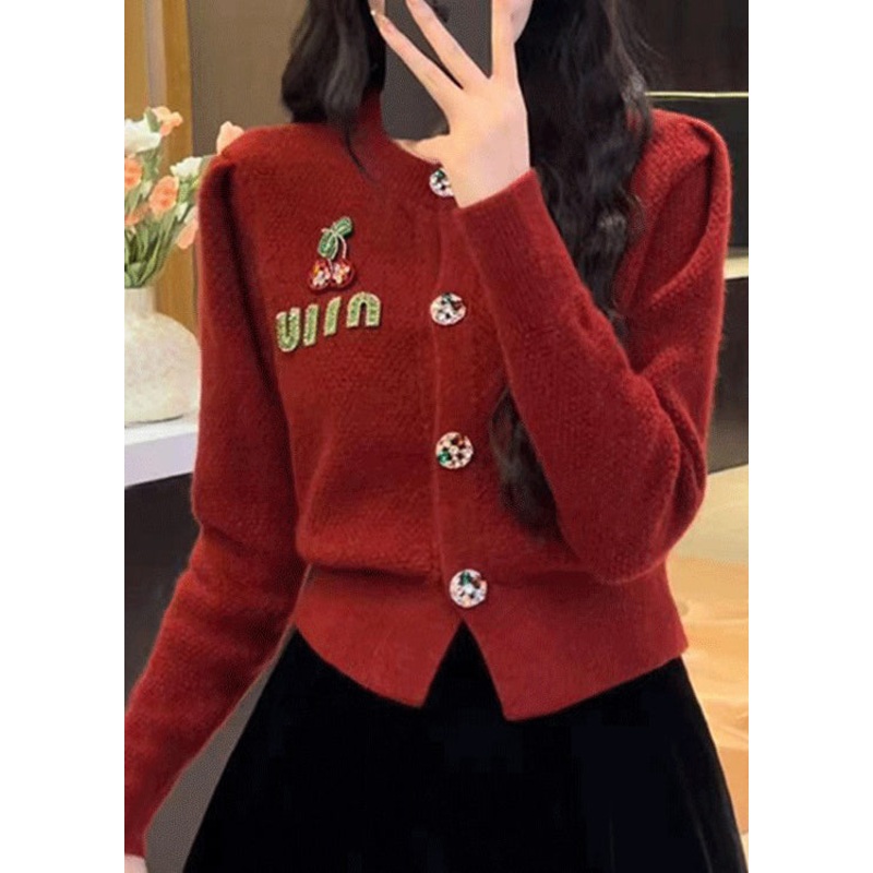 2025 New Red O Neck Button Knit Cardigan Spring