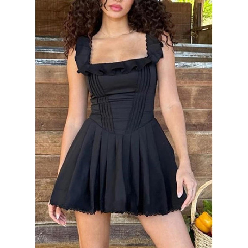 American Style Black Ruffled Spaghetti Strap Dress Summer
