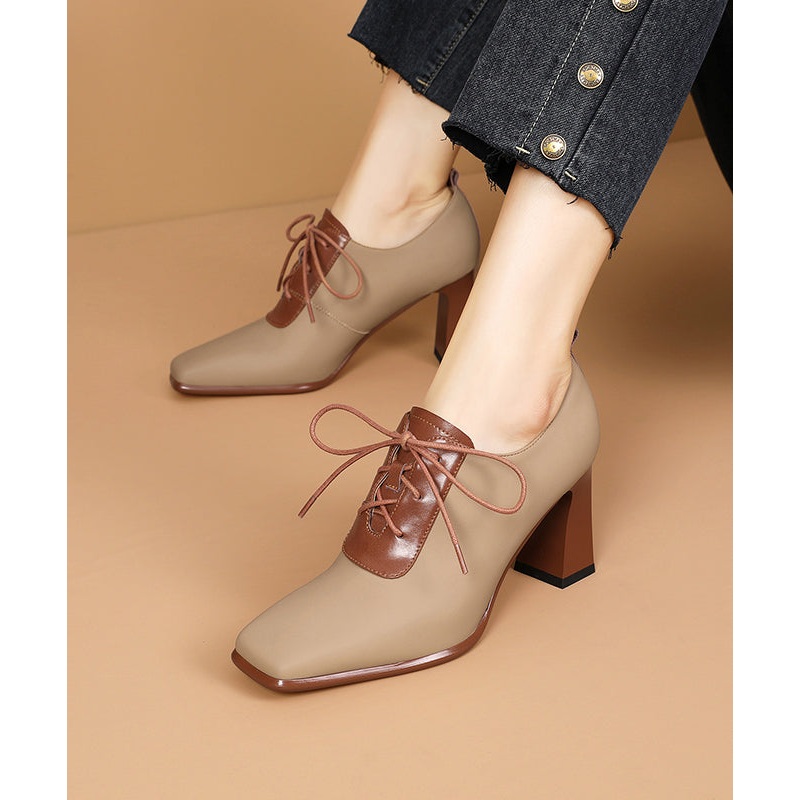 Apricot Lace Up Splicing Classy Sheepskin Chunky High Heels
