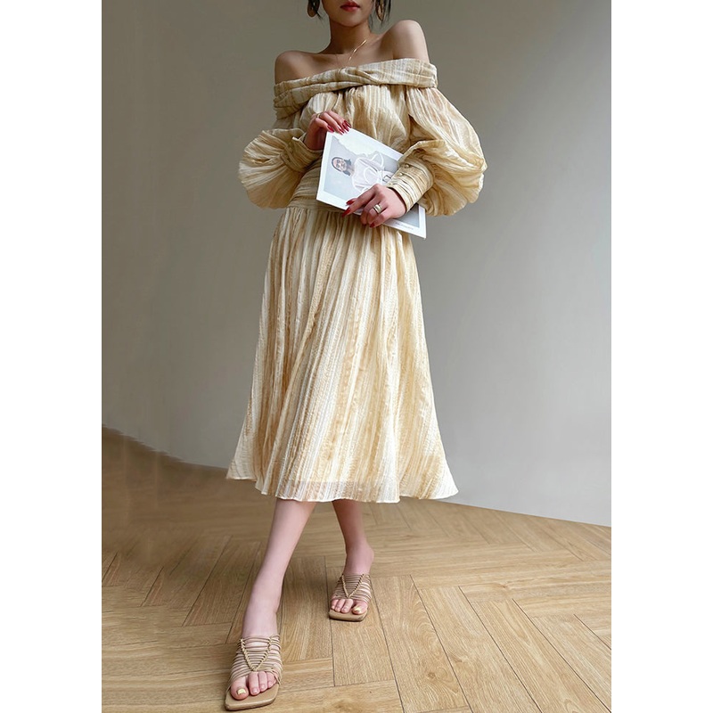 Art Beige Slash Neck Front Open Shirts And Skirts 2 Piece Outfit Lantern Sleeve