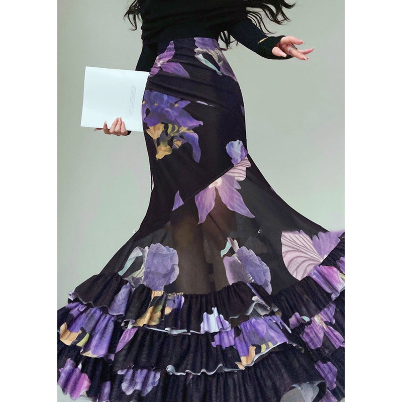 Art Black Print High Waist Patchwork Tulle Skirt Spring