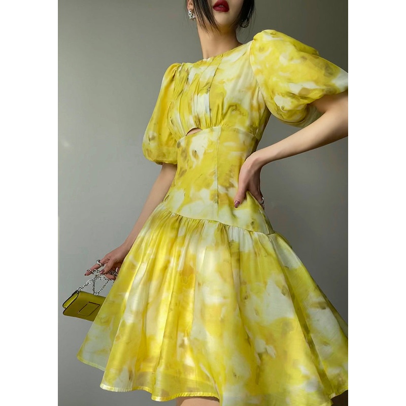 Beautiful Yellow O Neck Print High Waist Dress Summer