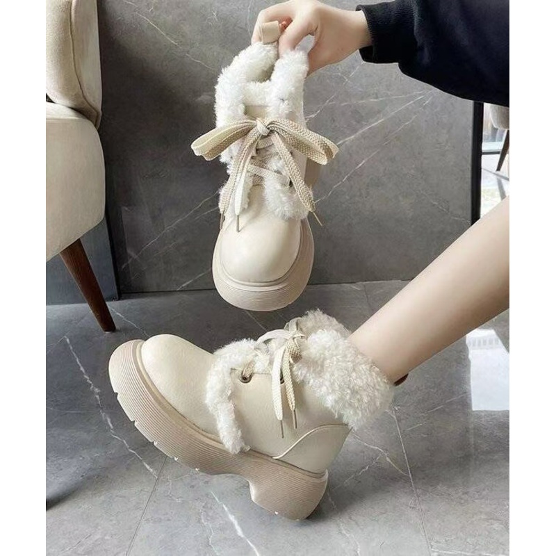 Beige Fuzzy Wool Lined Lace Up Splicing Platform Boots