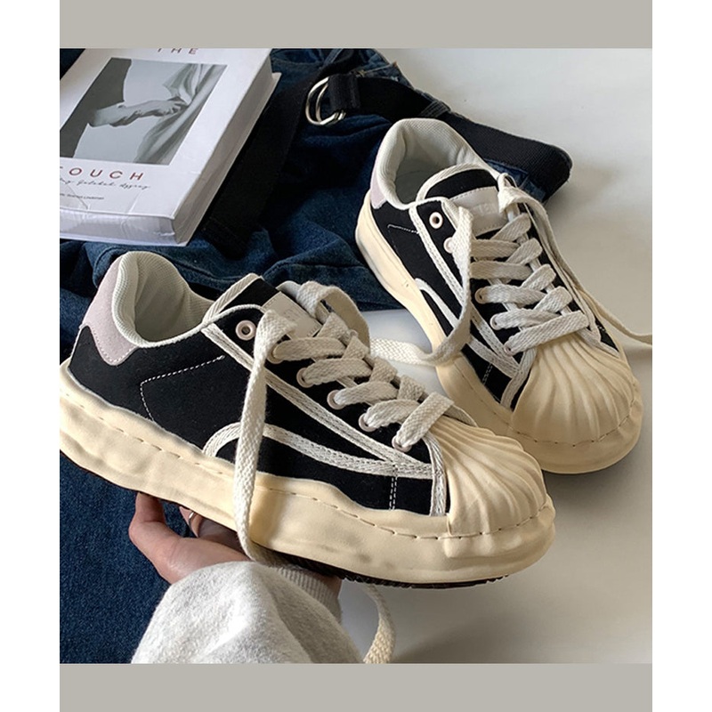 Black Platform Casual Splicing Flat Shoes For Lace Up
