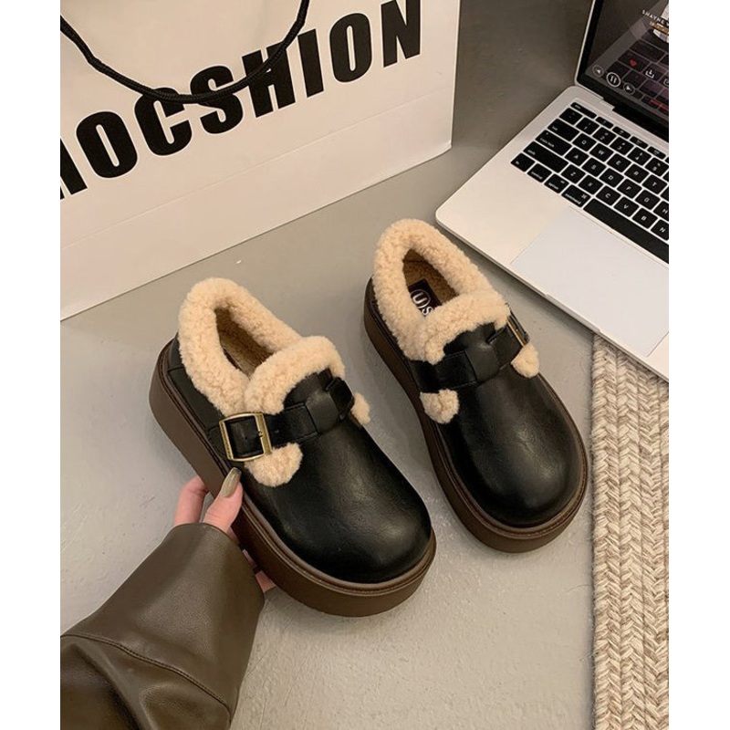 Black Splicing Platform Loafer Shoes Fuzzy Wool Lined