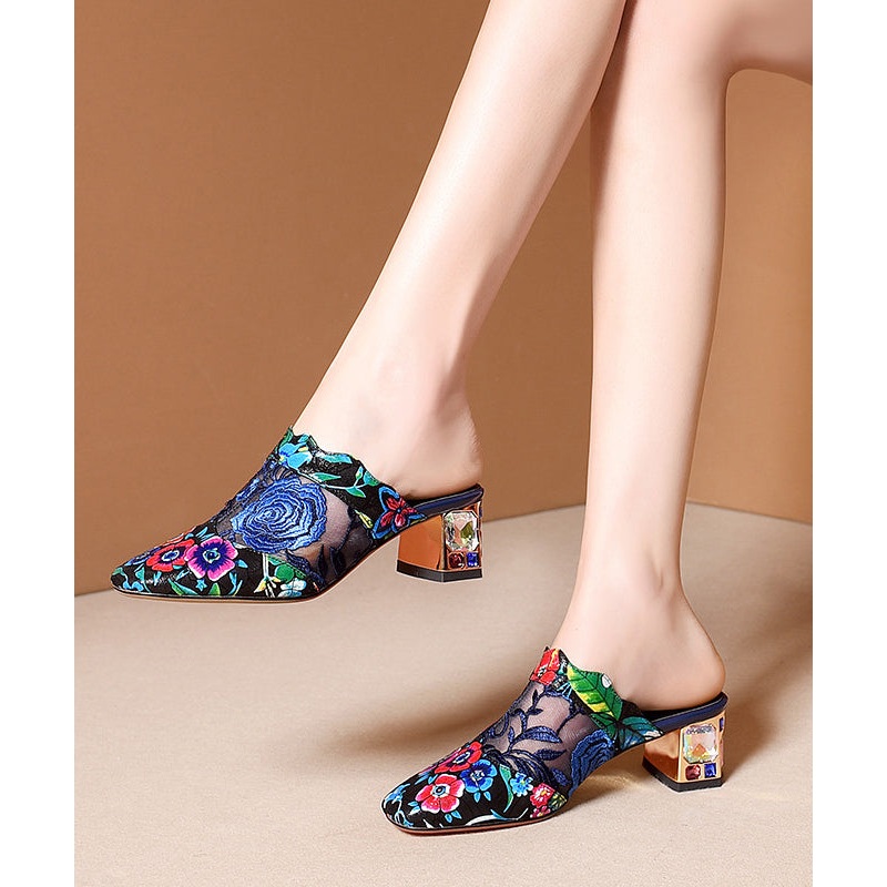 Blue Classy Chunky Sheepskin 2025 Embroidered Slide Sandals