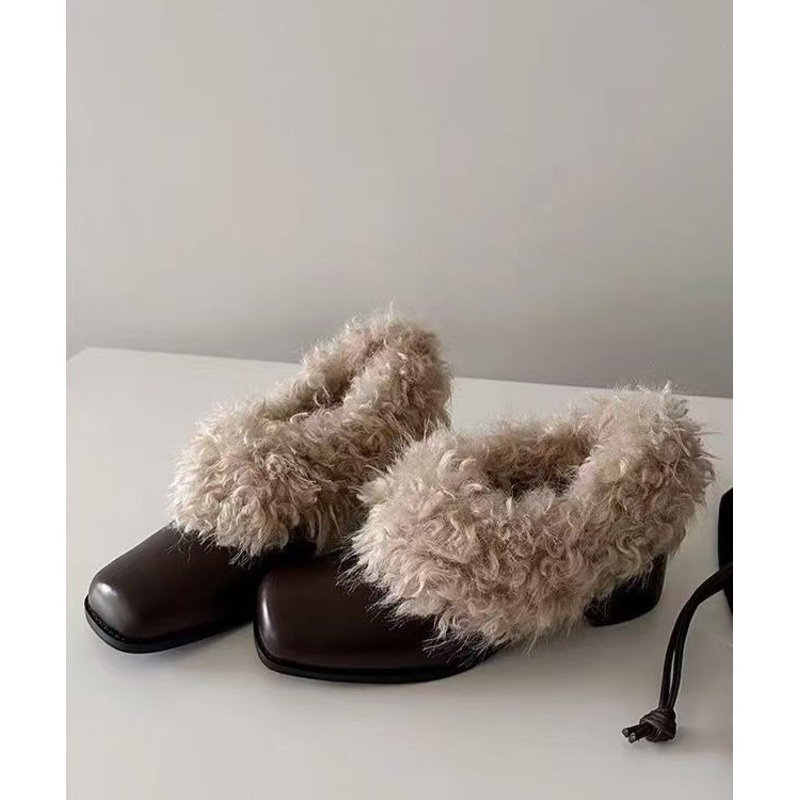 Brown Chunky Faux Leather Soft Splicing Loafer Shoes Fuzzy Wool Lined