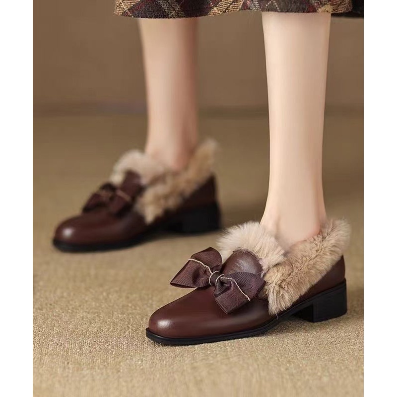 Brown Cowhide Leather Loafers Women Splicing Fuzzy Wool Lined