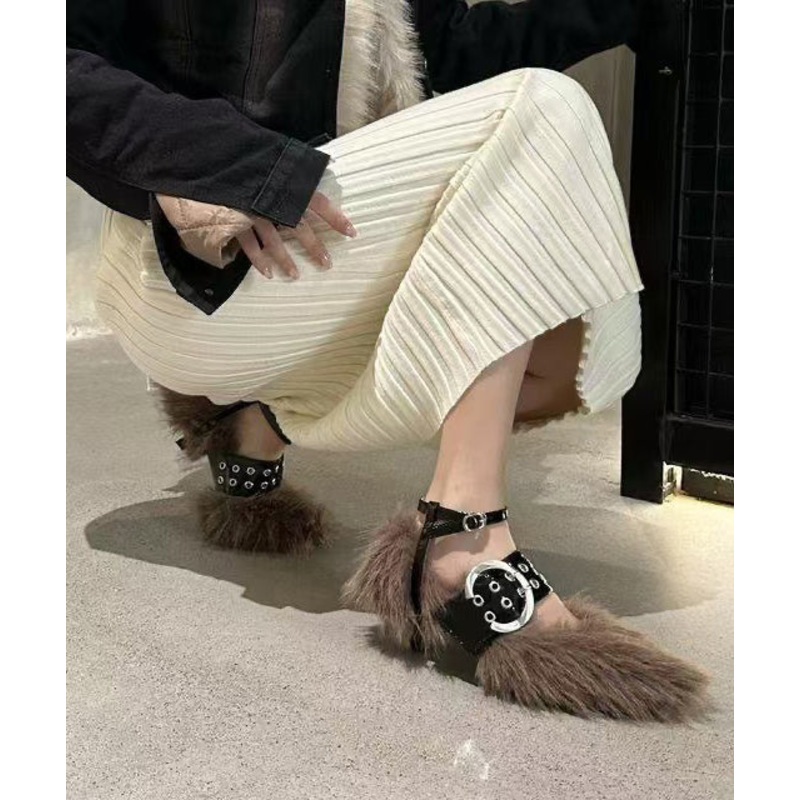Brown Fuzzy Fur Shoes Splicing Stylish Buckle Strap