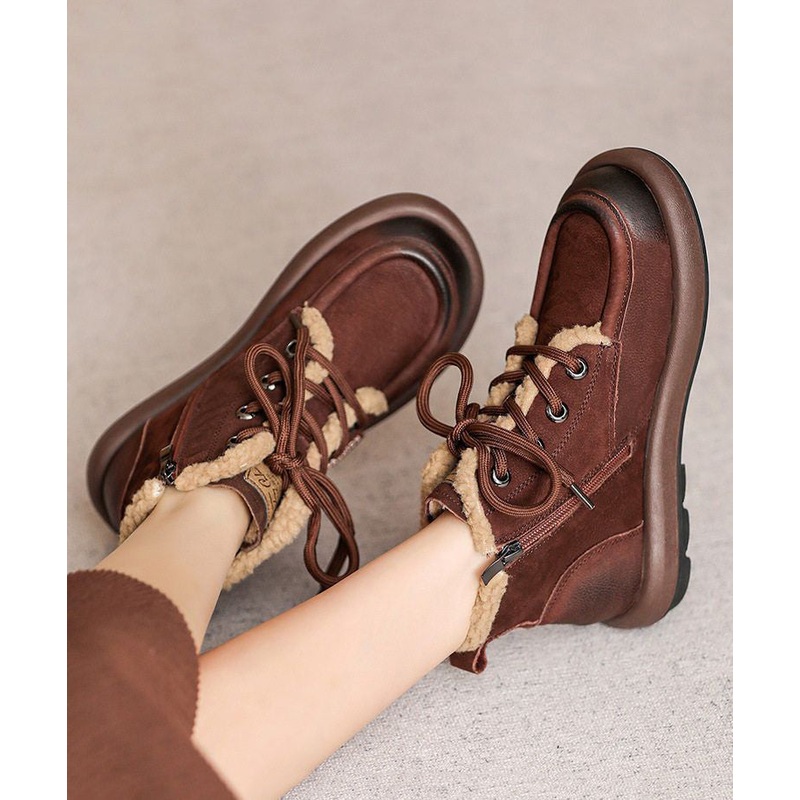 Brown Lace Up Splicing Cowhide Leather Boots Fuzzy Wool Lined