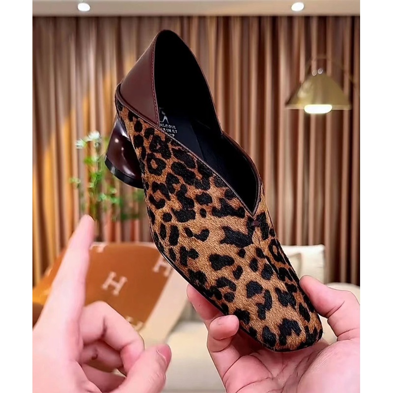 Brown Leopard Chunky Heels Cowhide Leather Stylish Splicing