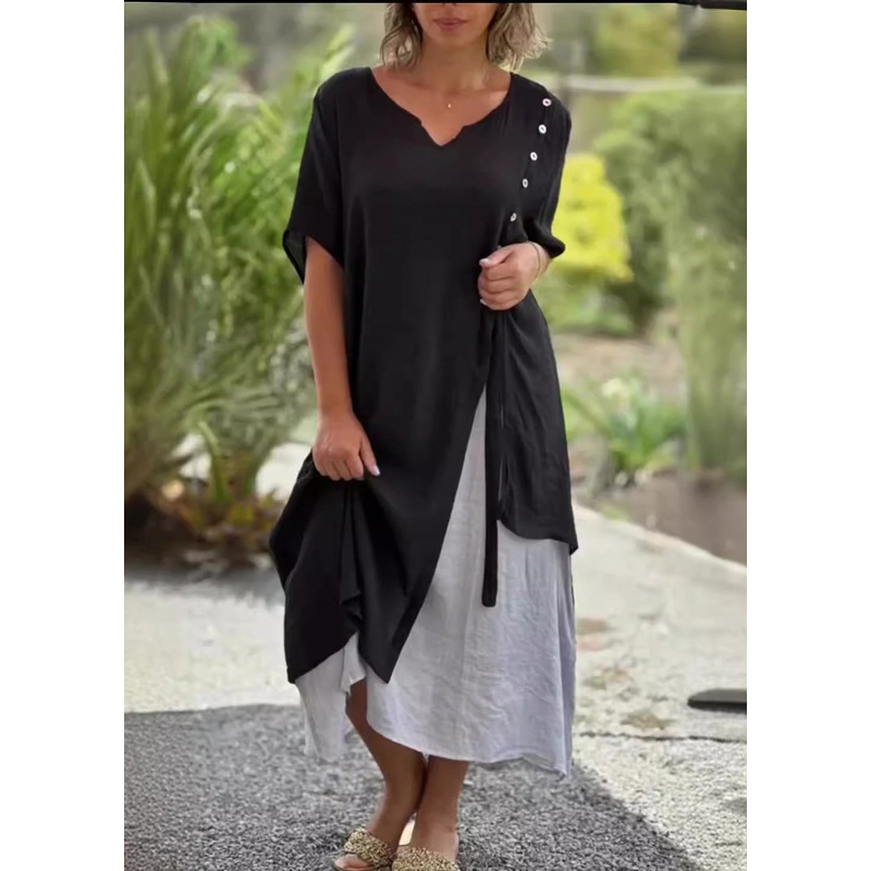 Casual Black V Neck Asymmetrical Patchwork Cotton Dress Summer