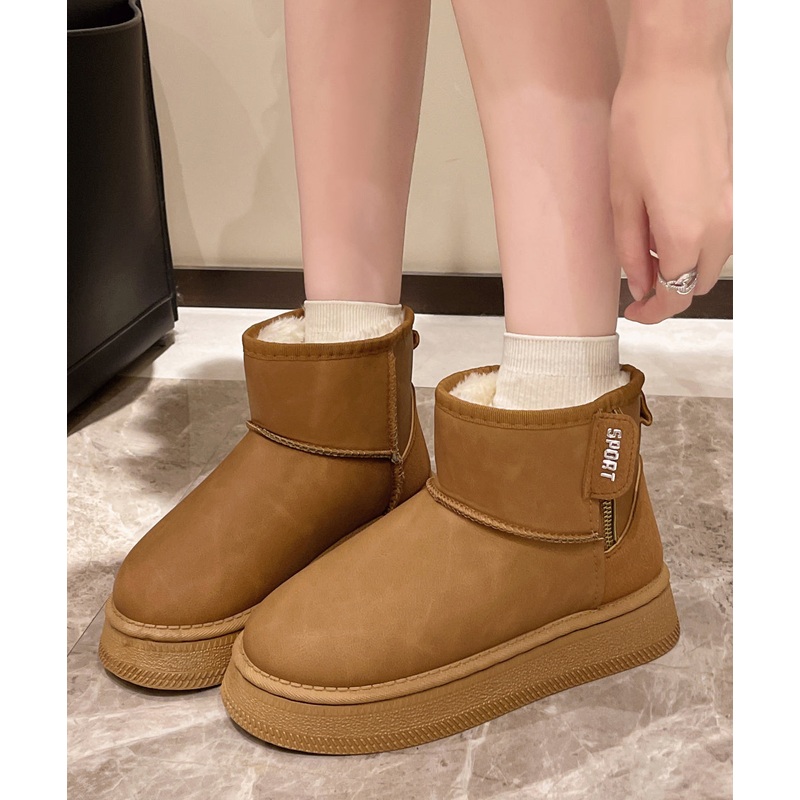 Casual Camel Boots Platform Faux Leather Fuzzy Wool Lined