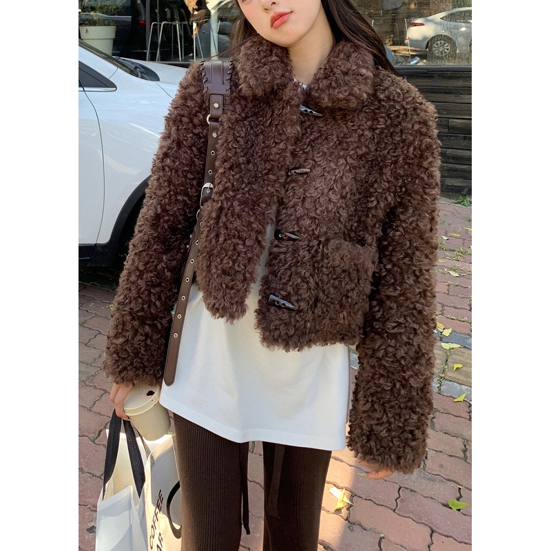 Casual Coffee Peter Pan Collar Pockets Faux Fur Jacket Spring