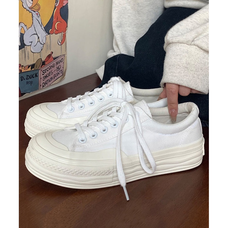 Casual Comfy White Lace Up Splicing Canvas Flat Shoes