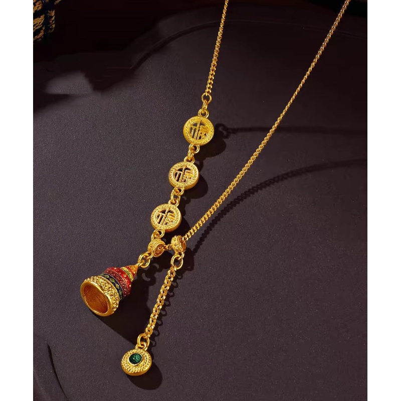 Chinese Style Gold Ancient Gold Crystal Enamel Lariat Necklace