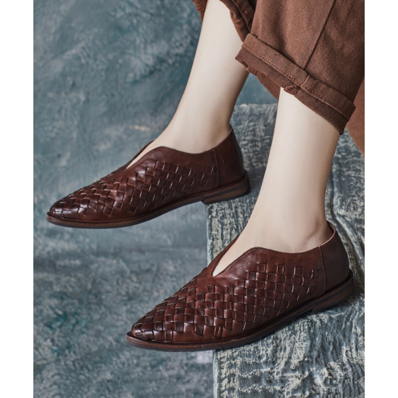 Coffee Flat Shoes For Retro Cowhide Leather Pointed Toe