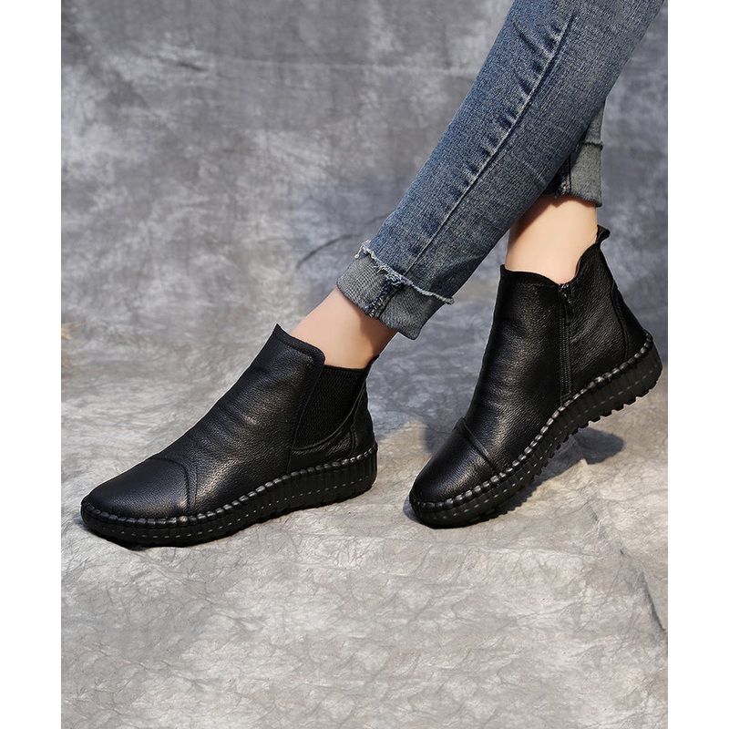 Comfy Zippered Splicing Boots Black Cowhide Leather