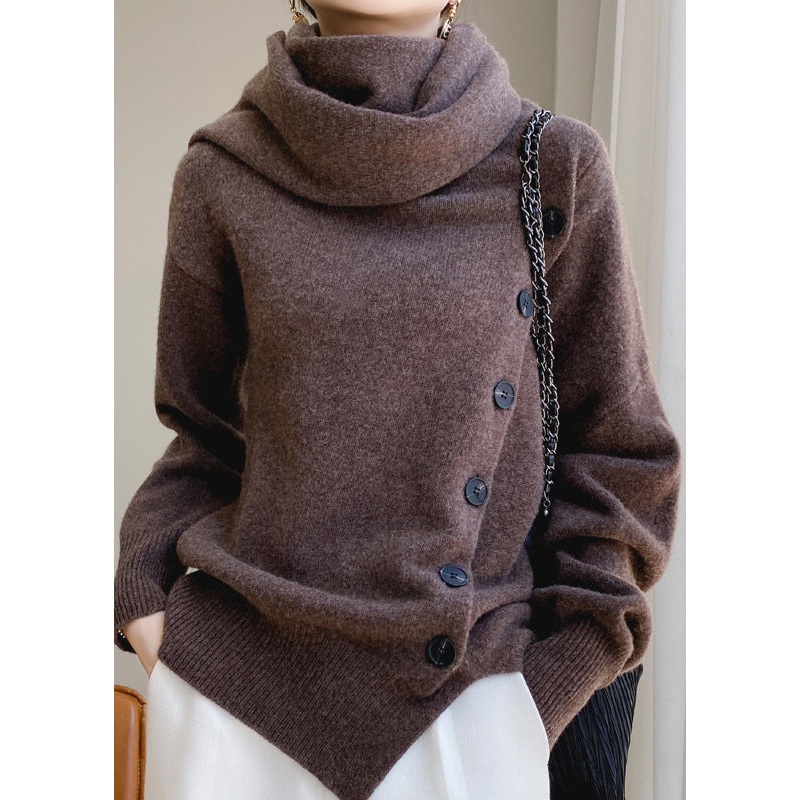 Elegant Coffee Scarf Collar Button Patchwork Wool Sweaters Spring