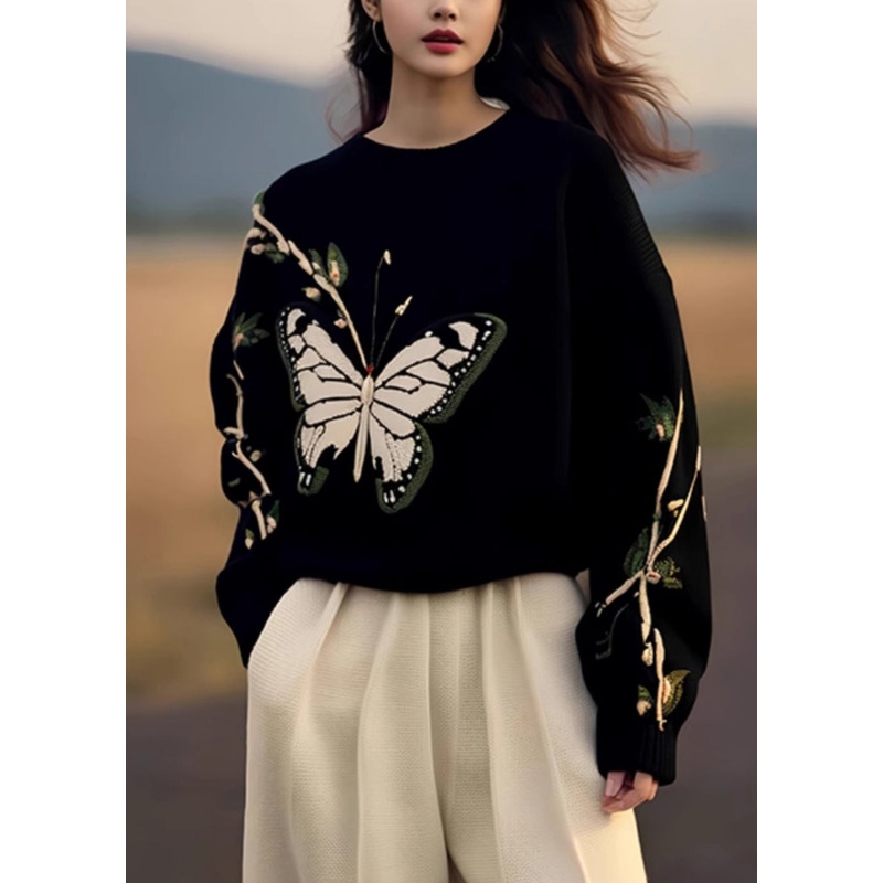 Fashion Black O Neck Butterfly Print Knit Sweaters Spring