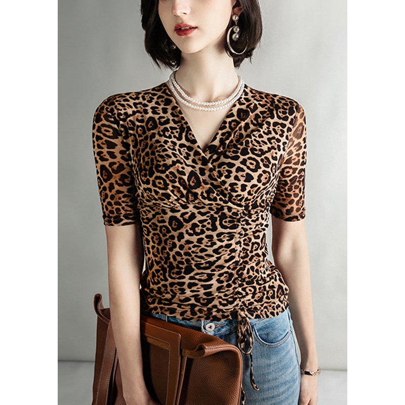 Fashion Leopard V Neck Cinched Tulle Tops Summer