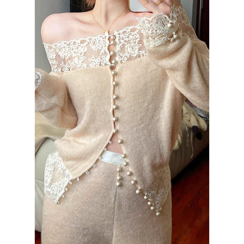 Fine Apricot Slash Neck Lace Patchwork Knit Two Piece Suit Set Spring