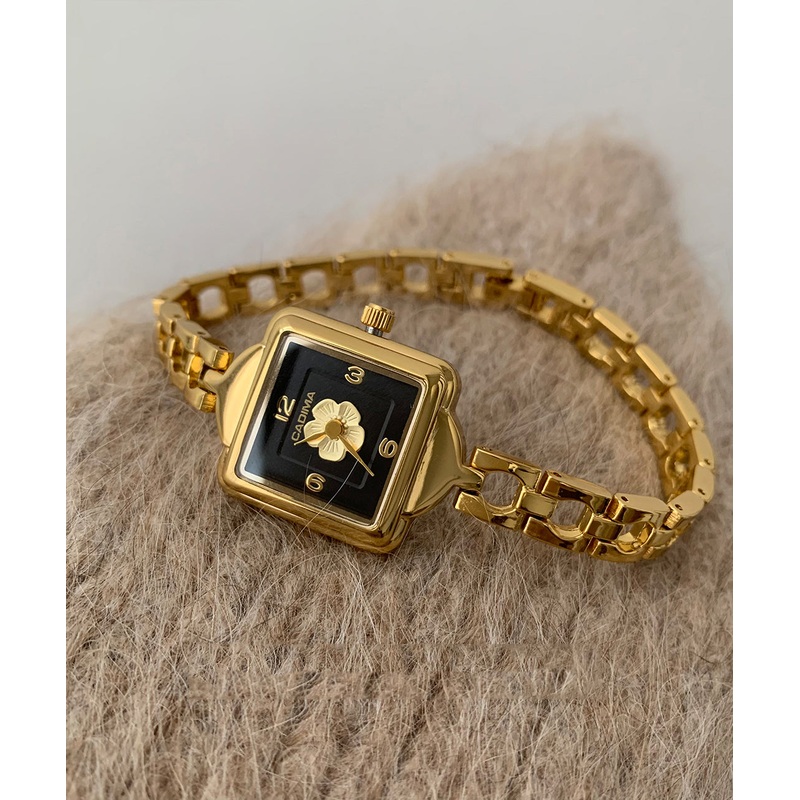 Fine Gold Metal Camellia Square Chain Tempered Glass Watch