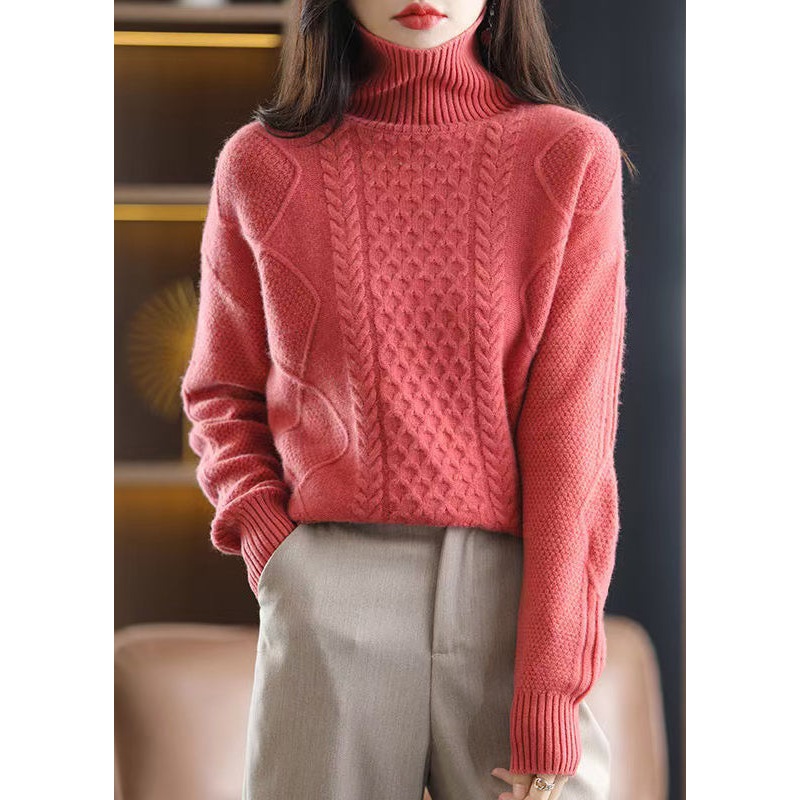 Fitted Rubber Red Hign Neck Thick Woolen Knit Pullover Spring