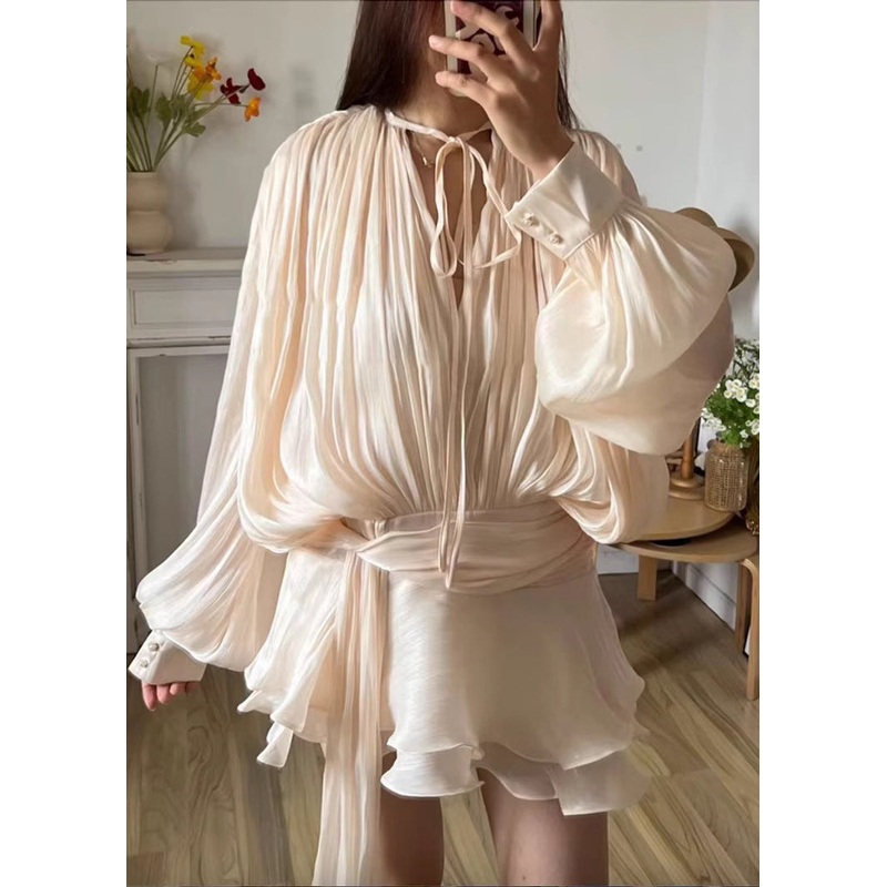 French Apricot Puff Sleeve Silk Two Piece Set Ruffled Lace Up