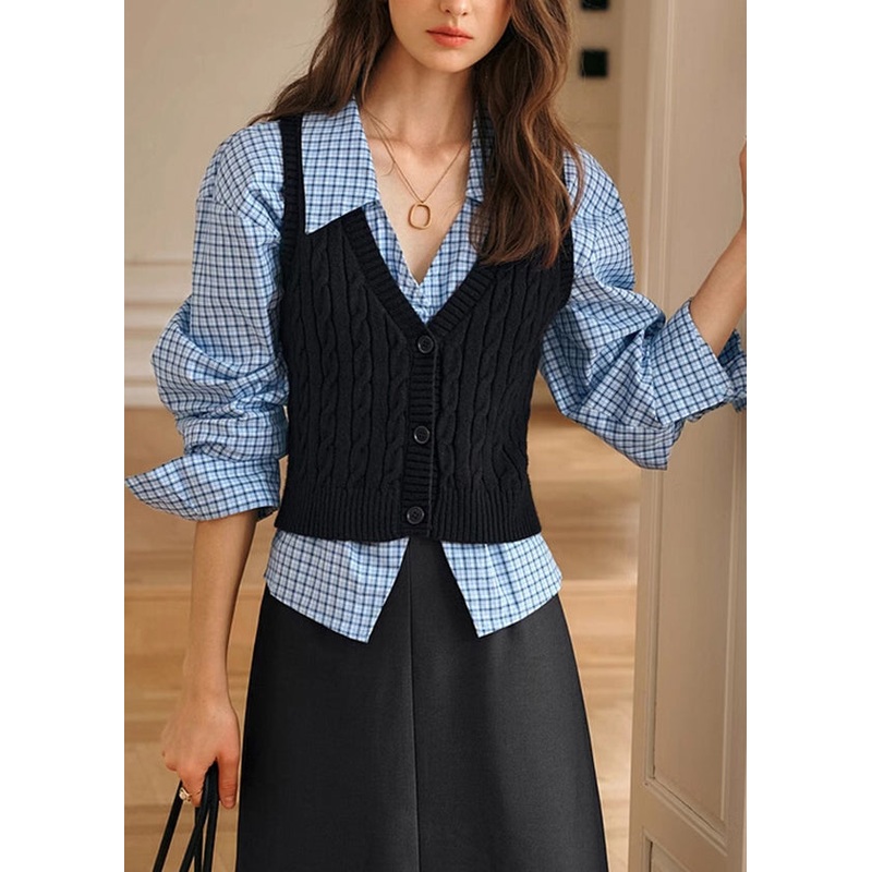 French Black V Neck Cable Knit Vest Top Sleeveless