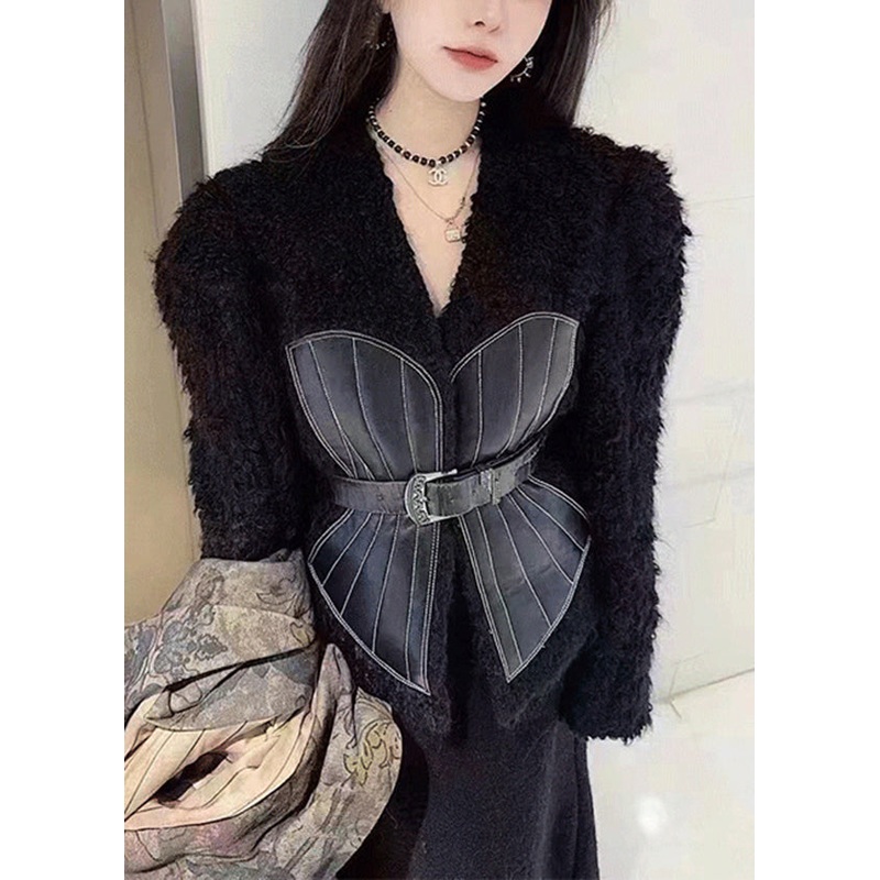 French Black V Neck Tie Waist Patchwork Leather And Fur Coats Spring