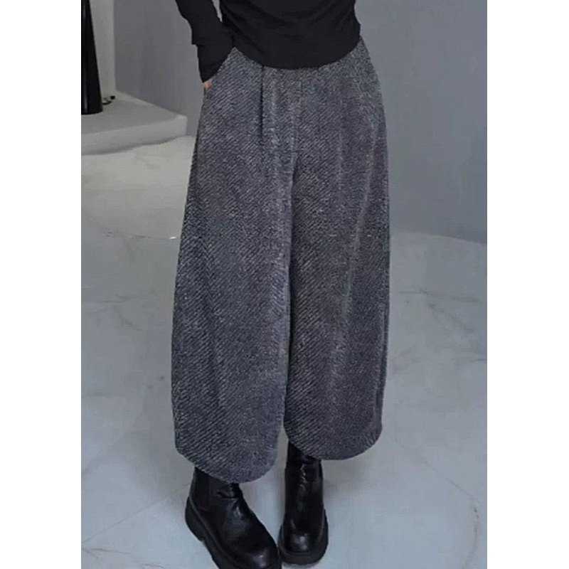 French Grey Pockets Elastic Waist Warm Fleece Wide Leg Pants Spring