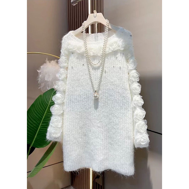 French White O Neck Floral Knit Sweater Dress Spring