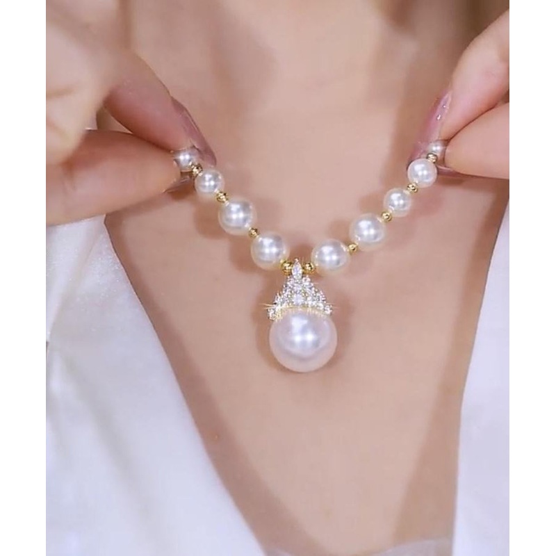 Gradient Color White Copper Alloy Zircon Pearl Pendant Necklace