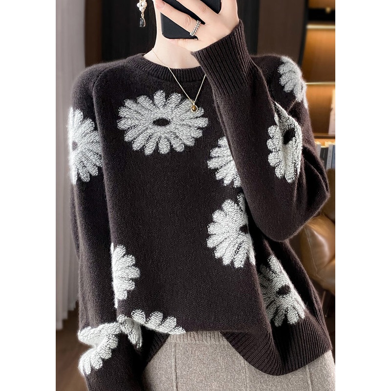 Handmade Chocolate O Neck Jacquard Woolen Sweaters Spring