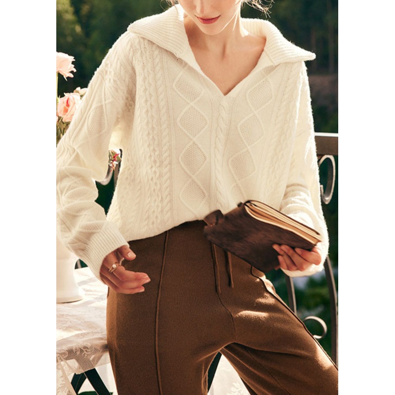 Italian Apricot V Neck Cable Knit Pullover Spring