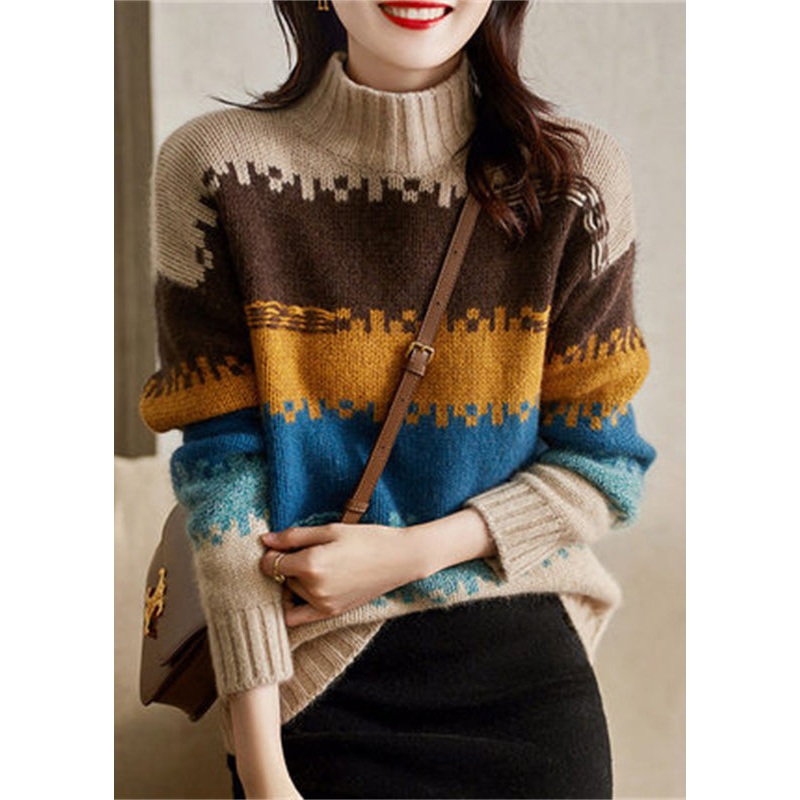 Italian Colorblock Hign Neck Thick Cozy Knit Sweater Spring