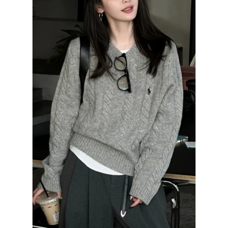 Italian Grey O Neck Cozy Warm Cable Knit Sweater Spring