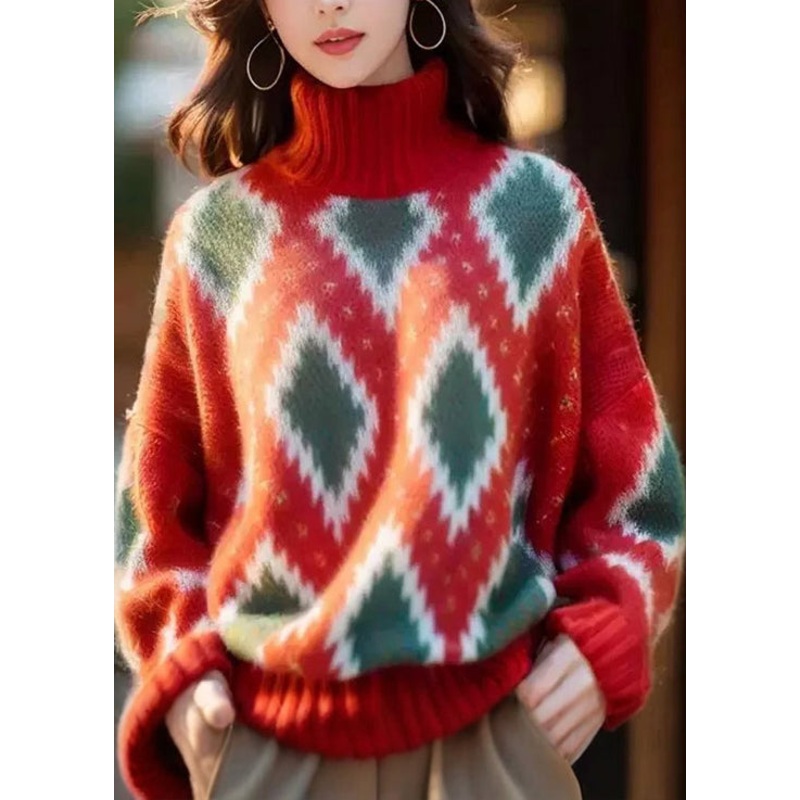 Italian Red Hign Neck Geometric Print Woolen Short Sweater Spring
