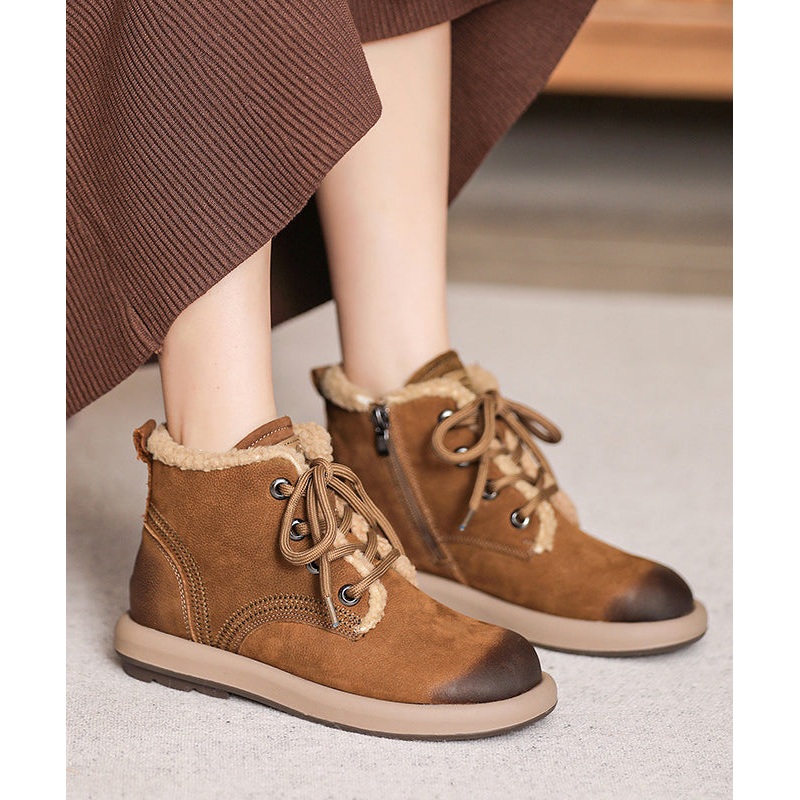 Khaki Casual Cowhide Leather Boots Lace Up Fuzzy Wool Lined