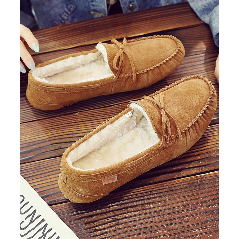 Light Brown Penny Loafers Splicing Fuzzy Wool Lined